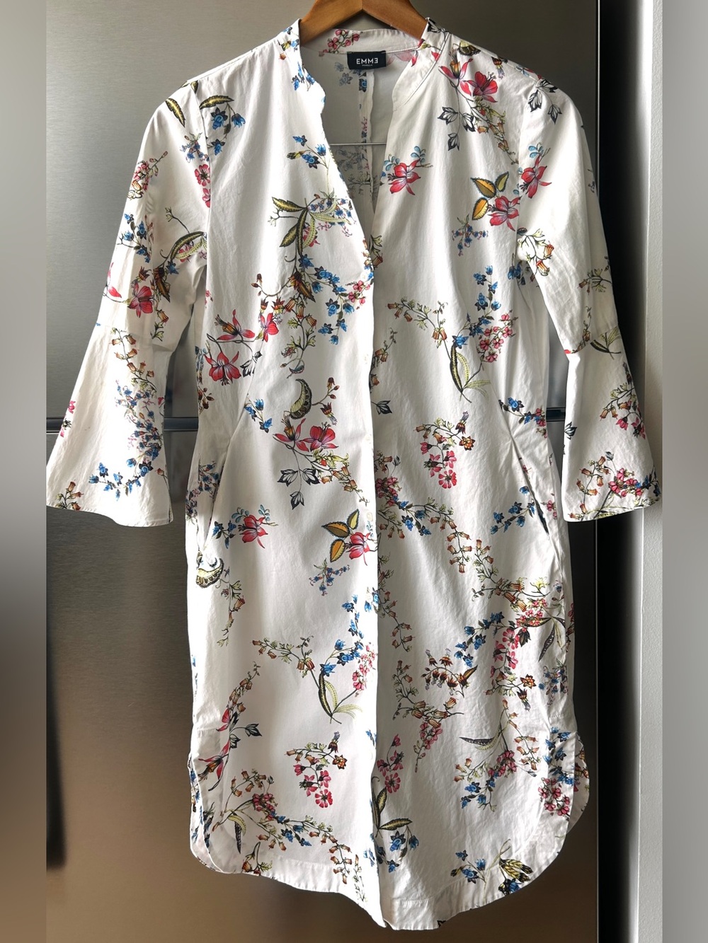 EMME Marella Floral Cotton Shirt Dress White Botanical Print 3/4 Sleeve